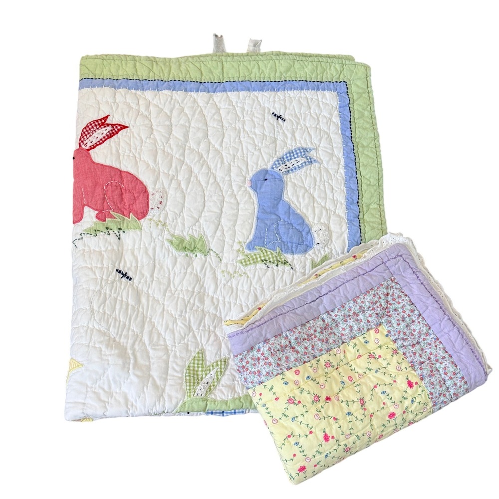Pottery Barn Kids Bunny Rabbit Patchwork Quilt Gingham Applique Baby Cotton